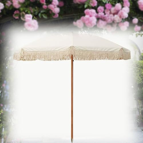 ZYXQQJ Sonnenschirm Ø 200 cm Klappbarer Gartenschirm Strand Schirm Mit Fransen Boho Strandschirm Windbeständig Marktschirm