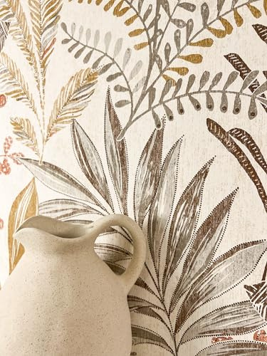 Newroom Vliestapete Beige Dschungel Modern Tapete Wohnzimmer | Palmwedel Farnzweige Beerenzweige Muster, Terrakotta Ocker Akzente, Boho Urban Jungle Stil, Mustertapete Flur Schlafzimmer