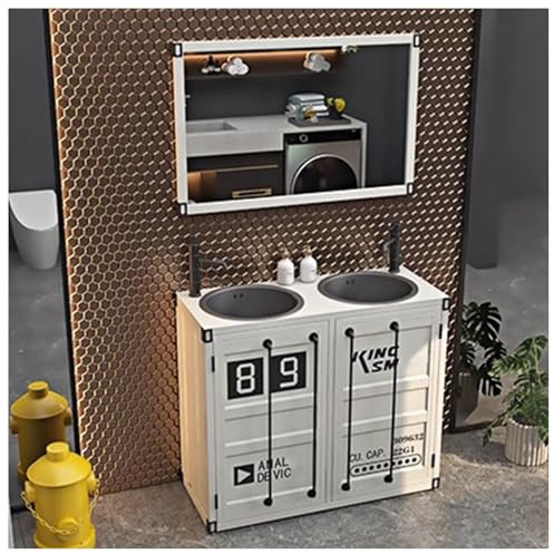 ZTGL Lavandino a Colonna Indipendente Moderno, Lavandini su Piedistallo per Bagno in Stile Industriale, Lavabo Bagno Freestanding da Appoggio con Rubinetto e Scarico Combinato Deco A7, with Mirror