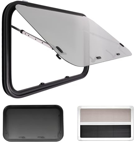 DIFU Fenêtre de caravane - 900 x 550 mm - Certifié ECE 43R - En verre trempé - XL - Avec moustiquaire et store - Protection contre les insectes