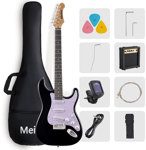 Meiou 39-Inch Electric Guitar Starter Kit ST Series-Complete starter kit with electric guitar, amp, strap, plectrum, tuner, strings, cable and guitar bag - Suitable for beginners (black)