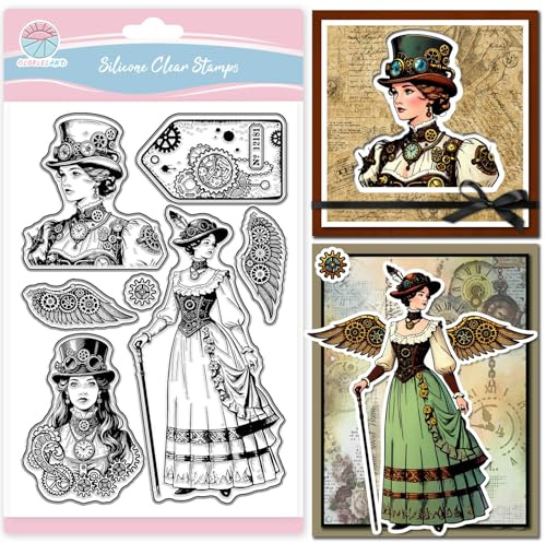 GLOBLELAND Vintage Steampunk Label Clear Stamps para la fabricación de tarjetas Retro Mujer Silicona Clear Stamps Mecánica Alas Transparentes Sello Sello para DIY Scrapbooking Relieve Álbum de Fotos
