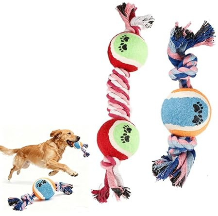Rope Tennis Ball Toys for Aggressive Chewers, Durable Cotton Rope Tennis Ball Chew Toys for Small, Medium Dogs, Prevent Destructive Chewing, Fetch Toys for Dental Care & Training (2Pcs, Tennis)