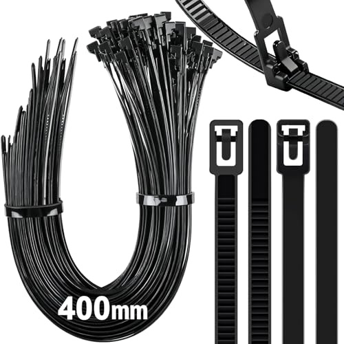 Caianwin 50 Stück Kabelbinder Wiederverschließbar 400 mm x 7,2mm, Zugfestigkeit Bis Zu 22kg, Nylon Kabelbinder Schwarz für Industrie, Gartenbau, Kabelindustrie