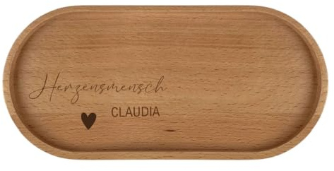 AWASG Serviertablett Holz personalisiert, Graviertes Dekotablett Herzensmensch oval, Geschenk für Beste Freundin, 23x11 cm