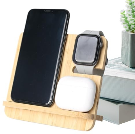 Chargeur sans fil – 15 W | Station de charge | Chargeur sans fil en bois | Support de bureau | Support de téléphone en bois élégant | Station de bureau pour téléphone, montre et écouteurs, coiffeuse