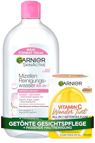 Garnier Vitamin C Glow & Clean Set – Mizellen Reinigungswasser All-in-1 & Wonder Tint Getöntes Fluid Medium LSF 50+ – Pflegeset für sanfte Reinigung, Glow & hohen Sonnenschutz – 2-teilig