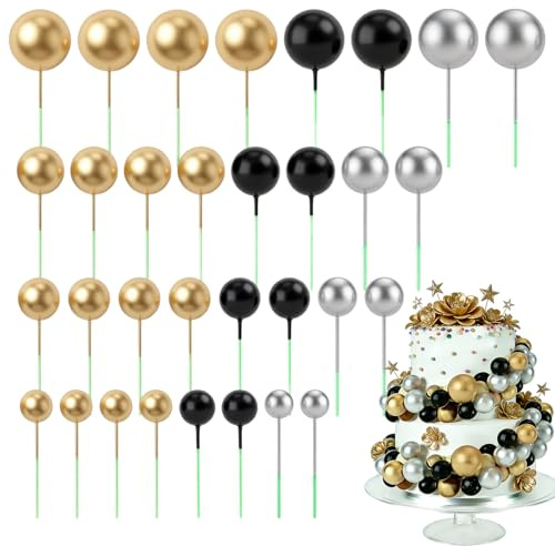 32 Pcs Cake Balls Decoration, Black and Gold Ball Cake Toppers with 4 Size, Pearl Round Shaped Cake Topper Balls for Birthday, Party, Wedding Decoration Supplies - Black & Gold & Silver(2/2.5/3/4 cm)
