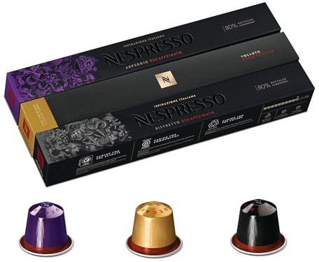 Nespresso Original Decaffeinated coffee pods variety pack (30 capsules) | 10 Arpeggio Decaffeinatto, 10 Ristretto Decaffeinatto &10 Volluto decaffeinatto pods for Italian inspired Espressos