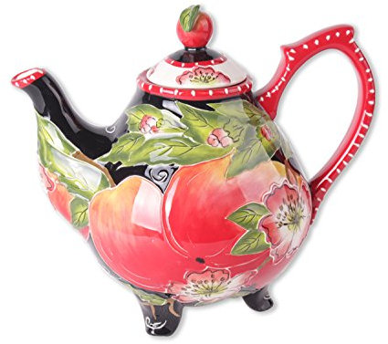 Blue Sky Ceramic Apple Teapot, 9.5 x 6.5 x 8.5 Blue Sky Teekanne Apfel, Keramik, 24,1 x 16,5 x 21,6 cm, Red, Black, Green and Cream