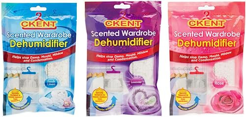 Set of 3 Scented Hanging Wardrobe Dehumidifiers Damp Mould Condensation Control (Rose, Lavender, Fresh Linen) (CKENT)