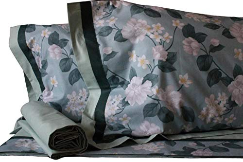 RICAMI FIORENTINI BALDI. Collezione Primavera. Completo lenzuolo sopra + sotto + federe per letto matrimoniale, cotone 100%, colore verde. Prodotto artigianale toscano.