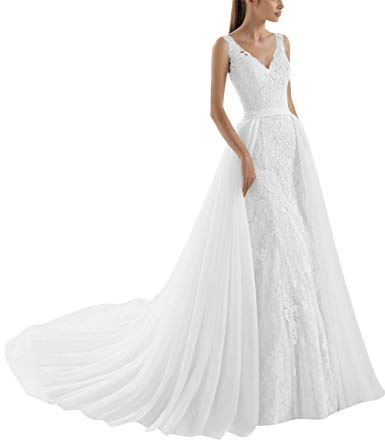 VKStar® Robe Sirène Mariage Femme sans Manche Robe de Mariée Dentelle Longue Col V avec Traîne Blanc 38
