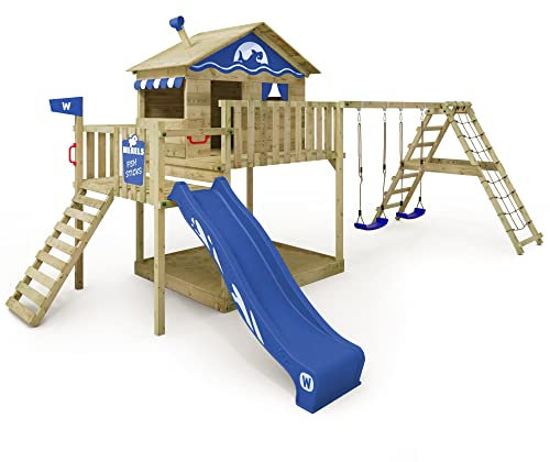 WICKEY Spielturm Klettergerüst Smart Ocean mit Schaukel & Blauer Rutsche, Outdoor Kinder Kletterturm mit Sandkasten, Leiter & Spiel-Zubehör für den Garten