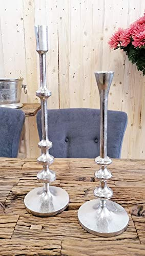 MichaelNoll 2er Set Kerzenständer Kerzenhalter Aluminium Silber Deko Stabkerzen - Kerzenleuchter Modern aus Metall - Dekoration Wohnzimmer - H 42 cm / 54 cm