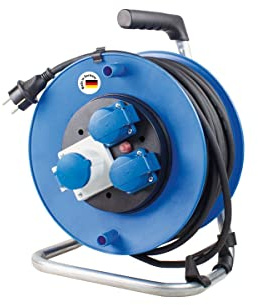 as - Schwabe Camping Kabeltrommel 25 m - mit Schutzkontaktstecker - 10173 | 2 Schutzkontakt- & 1 CEE-Steckdose 230V/16A/3-polig - Outdoor Kabeltrommel - Spritzwasserschutz IP44 - Blau
