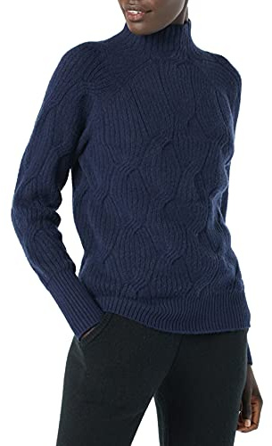 Amazon Essentials Women's Winter Long-Sleeve Cable Knit Sweater, Soft Touch Funnel Neck, Navy, Large