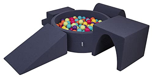 KiddyMoon Parque Infantil De Espuma con Rodondo Piscina De Bolas (200 Bolas) para Niños, Azul Marino:Verdeclr/Amari/Turq/Naran/Rosaos/Morad