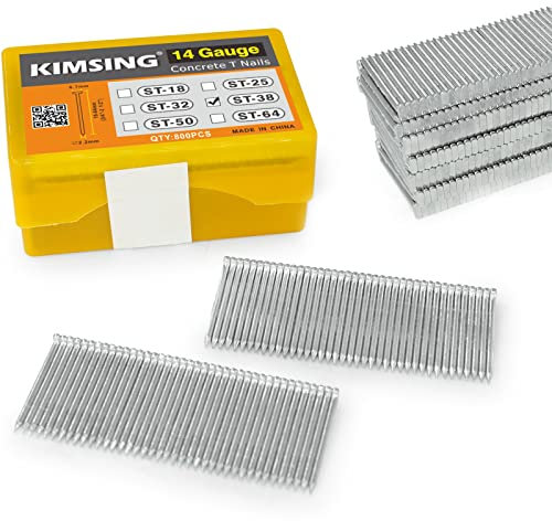 KIMSING ST38 - Clavos de hormigón, calibre 14, 38 mm, galvanizados, 800 piezas/caja, clavos en T para hormigón neumático, pistola de clavos en T de hormigón resistente