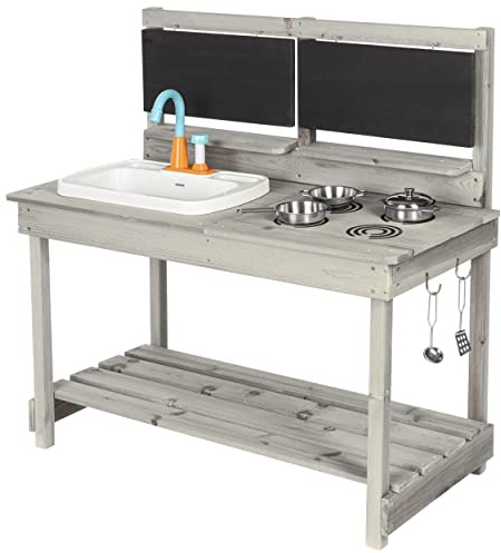 ONVAYA® Matschküche aus Holz | Grau | Outdoor Spielküche mit Waschbecken und schwarzer Tafel | Inklusive Stauraum in der Kinderküche für Draußen