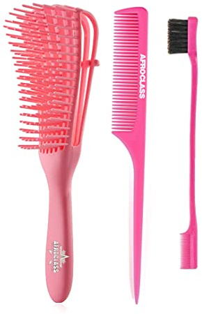 AFROCLASS - Class Brush Kids, kit 3 pièces, detangleur, cheveux afro, crépus, ondulés, cheveux mouillés, brosse démêlante, brosse baby hair, peigne à queue, rose