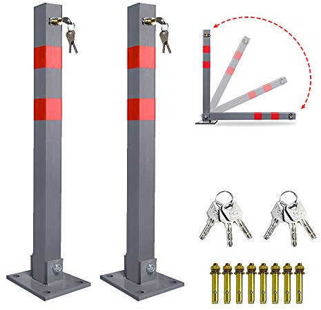 Sonnewelt 2x Parkpfosten Absperrpfosten mit 3 Schlüssel, Stahl klappbar Parkplatzsperre Parkplatzsperren mit Reflexstreifen, Robust Standfuß Sperrpfosten Set