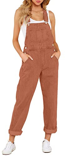 Roskiky Salopette Donna Tuta Intera Jeans Casual Stretch Denim Con Tasche, Rosso Mattone, XS