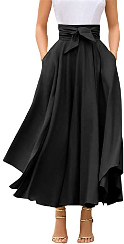 chouyatou Women's Elegant High Waisted Side Slit Irregular Bohemian Maxi Skirt with Pockets (Medium, Black)