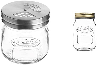 Kilner 0.25 Litre Glass Storage Jar with Adjustable Shaker Lid & Round Glass Screw Top Lid Preservation Storage Jar, 0.5 L