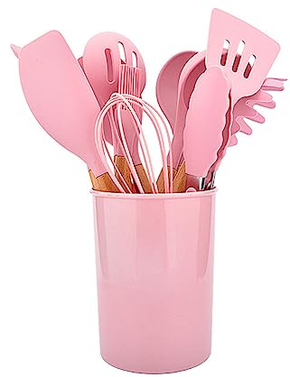 Ensemble d'ustensiles de cuisine en silicone avec poignée en bois, 12 pièces, poêle antiadhésive avec bac de rangement, ensemble d'ustensiles de cuisine rose