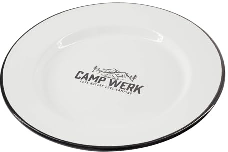 CAMPWERK Emaille Teller flach Ø 26cm, Campingteller, Speiseteller, Campinggeschirr, feuerfestes & robustes Essgeschirr, Geschirr Outdoor, Kochgeschirr, Leicht & Langlebig, Weiß