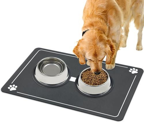 Avvrel Napfunterlage Hund, 60x40 Futterunterlage Hund Futtermatte Katzen, mit Tatzenmuster Fressnapf Unterlage Haustierfutter Matte, rutschfest, Wasserabweisend Und Leicht Zu Reinigen (Dunkelgrau 2)