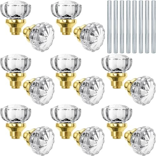 Amylove Kristall-Türknäufe im Einsteckstil, geriffelte Glastürknäufe, antike Türknäufe mit Spindel, antike Türknäufe für Innentüren (Gold, 8 Sets)