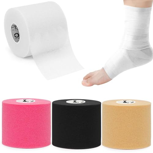 OK tejp förlindad tejp (4-rullar) – atletisk skumunderwrap för sport, skydd för anklar handleder händer och knän, 2,75 tum x 30 meter – svart/rosa/beige/vit