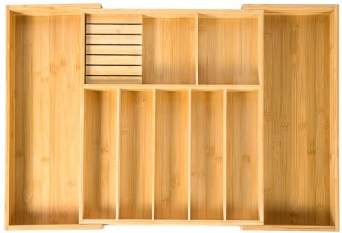 VaeFae Bamboo Extra Large Cutlery Drawer Organiser, Expandable Cutlery Tray with Divider for Kitchen, Adjustable Utensil Holder and Flatware Storage,（45.5-79 x 43 x 6.3cm