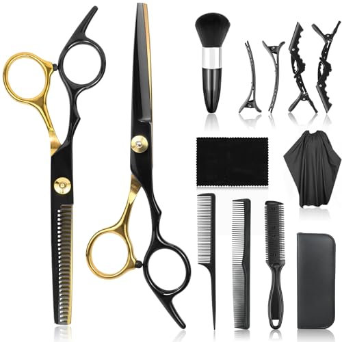 13Pcs Scissors Hair Hairdressing Professional Shears Set, Thinning Cutting Clip Comb Stainless Steel Cut Pouch Kit Salon Barber Women Men Kids Black (Black Gold)