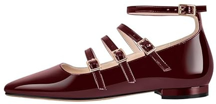 MissHeel Ballerines plates classiques Mary Jane avec boucles à lanières, rouge bordeaux, 39 EU