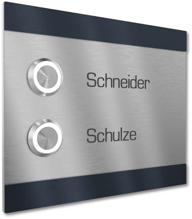 Graviers Design Türklingel für Mehrfamilienhaus 2 Namen Gravur - V2A Edelstahl Klingel 140x115 mm Pulverbeschichtet RAL 7016 - LED Taster Unterputz wählbar Aufputz für Haustür 2-fach