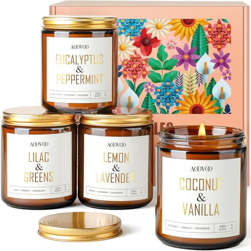 AOOVOO Duftkerzen Geschenkset - 4x 255g, Natürlich Sojawachs, Handgemachte Duftkerze im Glas für Home Scented, Hochwertige Aromatherapie Kerzen Geschenkset für Frauen, Brenndauer 200 Stunden