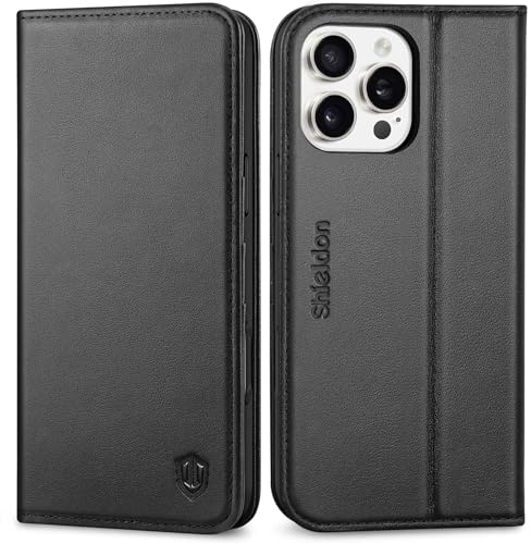 SHIELDON Hülle für iPhone 16 Pro Max, Handyhülle [Echtleder] [Kartenfach] [Stand] [RFID Blocker] Stoßfest Magnet Schutzhülle TPU Lederhülle Kompatibel mit iPhone 16 Pro Max 6,9 - Schwarz