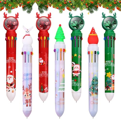 Penne a Sfera Natale, 10 In 1 Penne Natalizie Retrattile Multicolore, Albero di Natale, Babbo Natale, Renna Penne Gadget Natalizi per Bambini Ufficio Scolastico Regalo di Natalizie Cancelleria, 7 Pcs