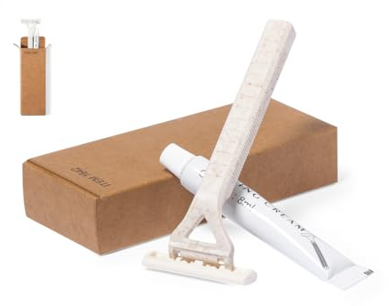 50 Sets de Afeitado Ecológico – Maquinilla de Afeitar Clásica con Cuchilla de Doble Filo y Gel de Afeitar de 8 g – Presentado en Caja Individual de Diseño Kraft – Set de Afeitado Desechable Sostenible