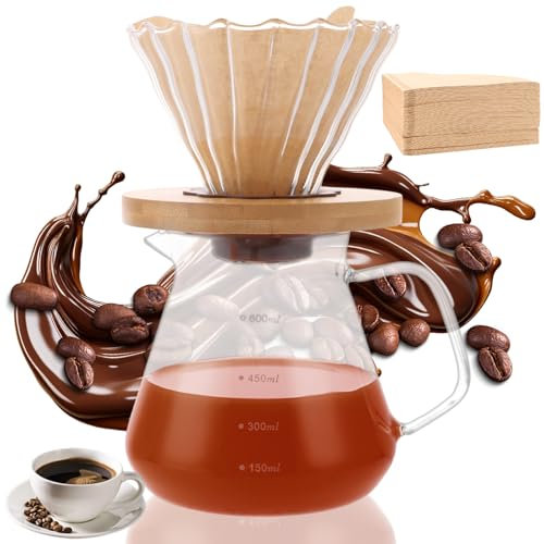GBACHOOSE Verser over Cafetière 600 ml, Cafetière Goutte à Goutte Manuelle, Cafetiere Manuelle avec Filtre, Cafetière à Verser avec 140 Papier Filtres, Carafe en Verre Cafetiere pour Maison, Café