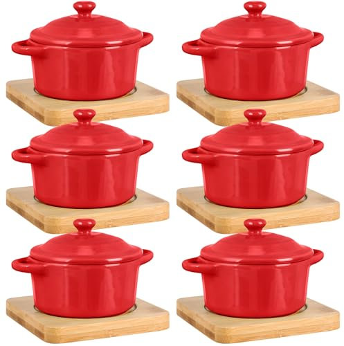 Mimorou 6 Set 7 oz Ceramic Mini Cocotte Set with Lid and Wooden Base Pumpkin Bowl Set with Handle Ceramic Soup Bowls Baking Ramekins Round Casserole for Home Thanksgiving Pumpkin Dish (Red)
