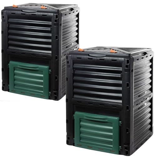 2friends Composter, set da 2, compostiera rapida in plastica resistente, con coperchio ribaltabile, 300 litri (H83 x 61 x P61 cm), compostiera termica per rifiuti da giardino e cucina, 100% plastica