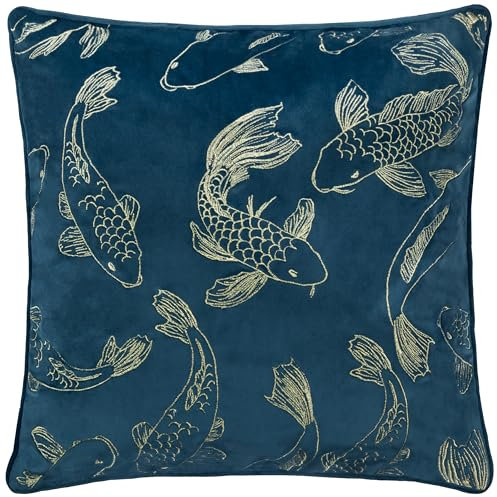 Paoletti Koi Pond Embroidered Velvet Cushion Cover - Navy - 50x50cm