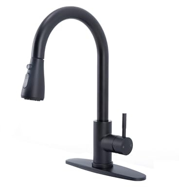UFAUCET Matte Black Kitchen Faucet with Pull Down Sprayer, Modern Stainless Steel Single Handle Pull Down RV Farmhouse Bar Laundry Kitchen Sink Faucet with Deck Plate for 1 or 3 Hole, UF-KYT010B-D