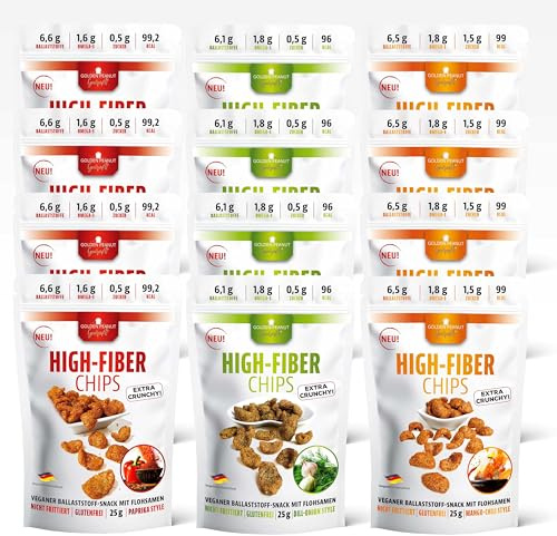 GOLDEN PEANUT Gourmet Mezcla de chips de alta fibra, 12 x 25 g, pimienta, cebolla de eneldo, chile de mango, snack de fibra, omega-3, vegano y sin gluten