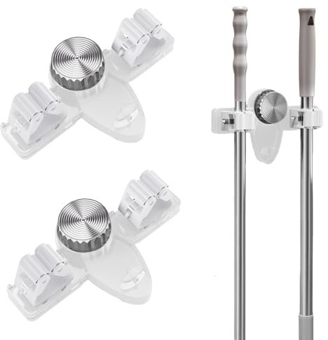 Besenhalterung Wand Saugnapf, 2 Stück Gartengerätehalter Ohne Bohre, Gerätehalter Zum Aufhängen von 2 Wischmopps, Mopphalter mit Haken, Werkzeug Wandhalterung für Wischmopp, Besen, Schaufel (Weiß*2)
