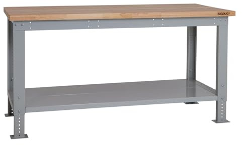 BiGDUG Height Adjustable Workbench - Heavy Duty Workshop Table - 877H x 1715W x 750D mm - Wood Worktop Full Depth Lower Shelf